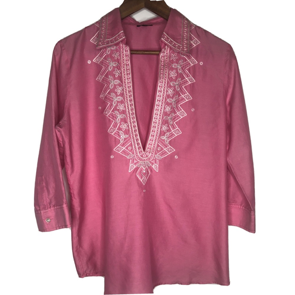 Talbots Floral Pink Tunic Top Blouse Size 12 Embroidered V Neck Cotton Silk Boho